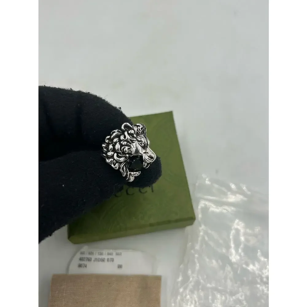 Unisex Gucci Lionhead sterling silver motif ring size 4 black crystal made Italy